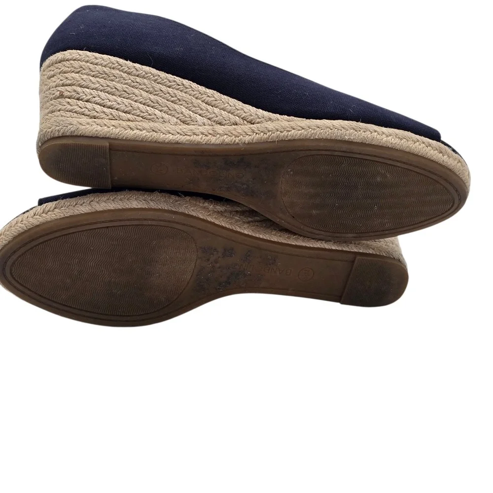 Bandolino Navy Peep Toe Espadrille Wedges Women's‎ 8.5M Canvas Rope Heel Summer